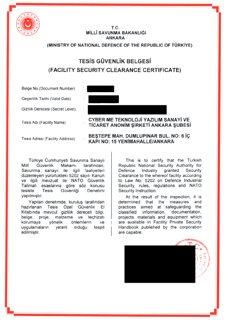 Facility Security Clearance Approved by the Ministry of National Defence certificate